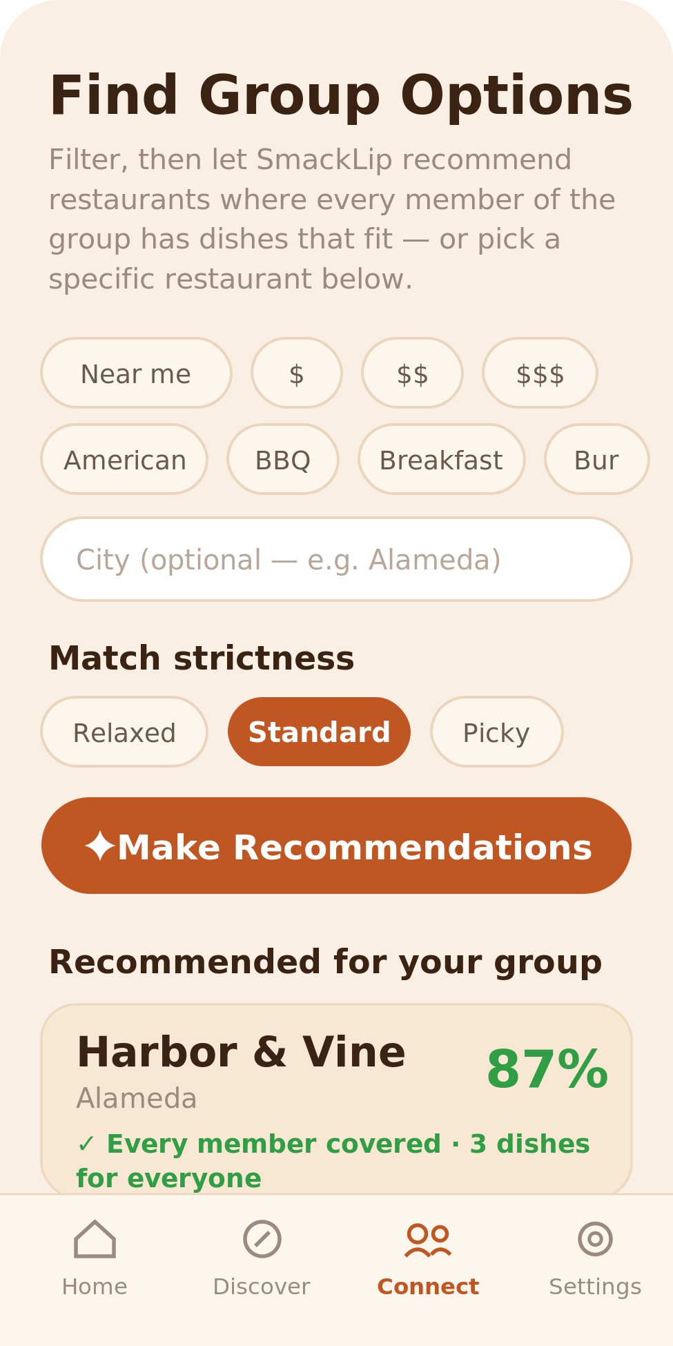 SmackLip Find Group Options screen: filters, match strictness, and a recommended restaurant where every member of the group is covered