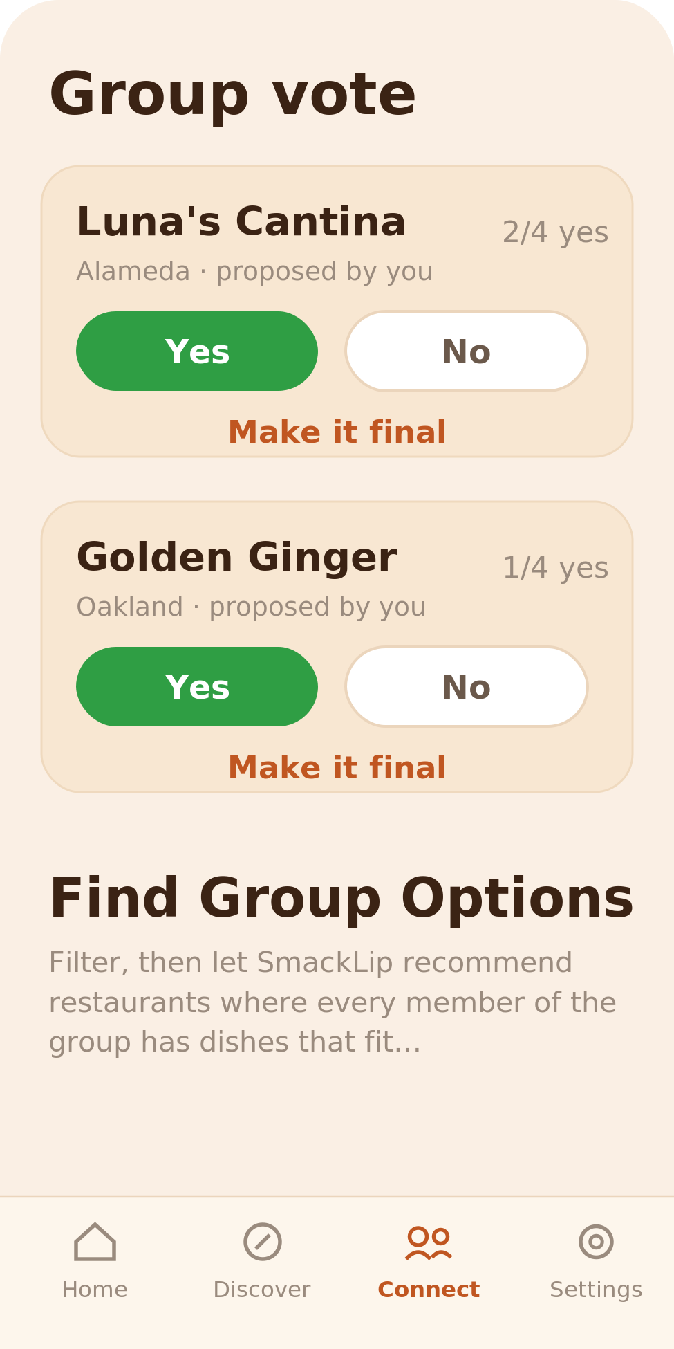 SmackLip Group vote screen: proposed restaurants with yes/no votes and a make-it-final option